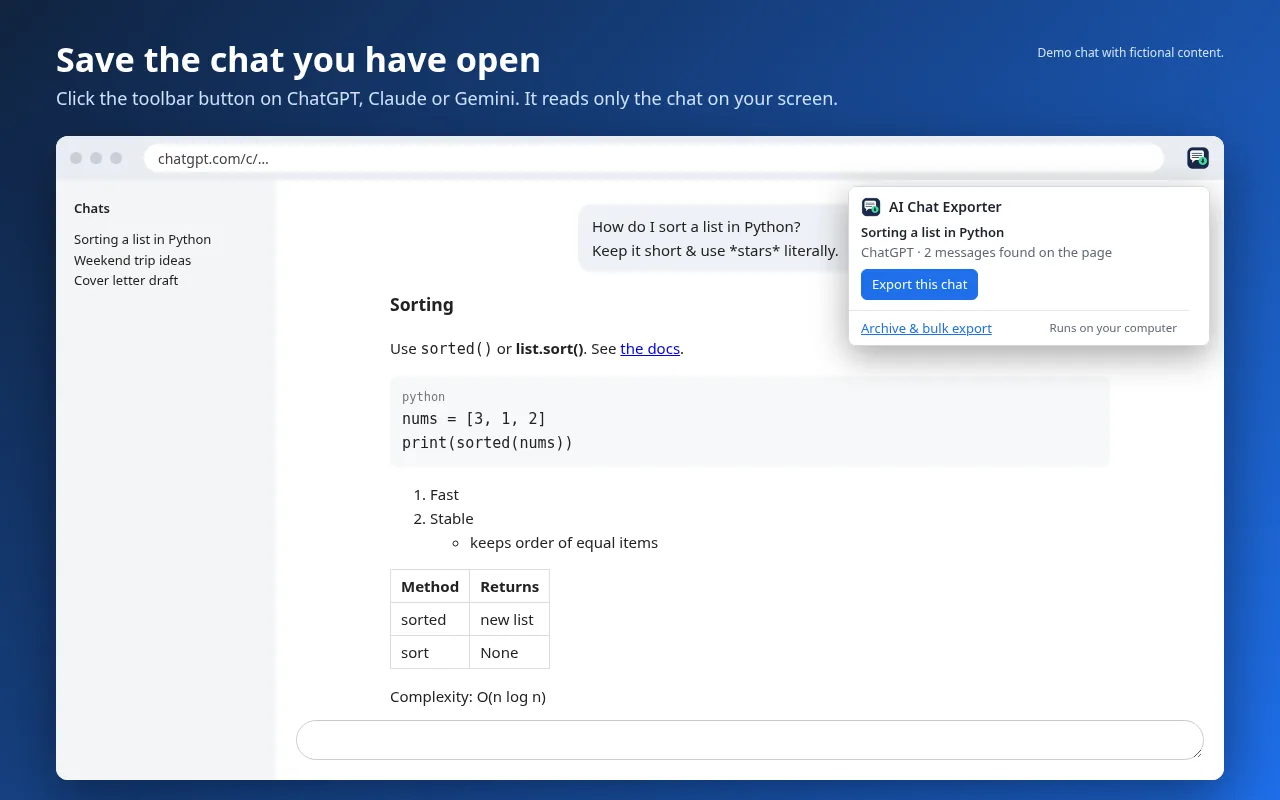 AI Chat Exporter saving the open ChatGPT chat