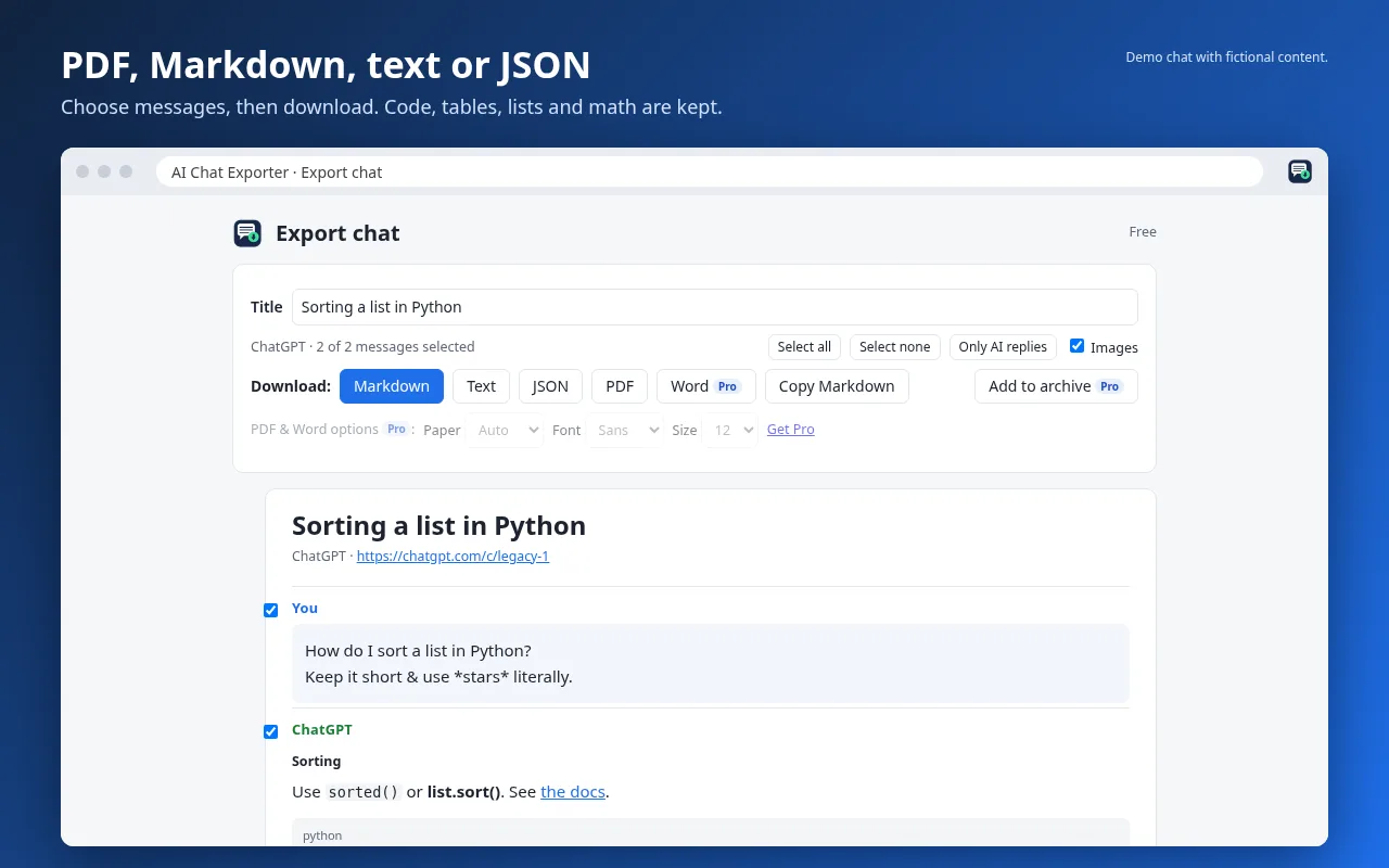 Choosing messages and an export format